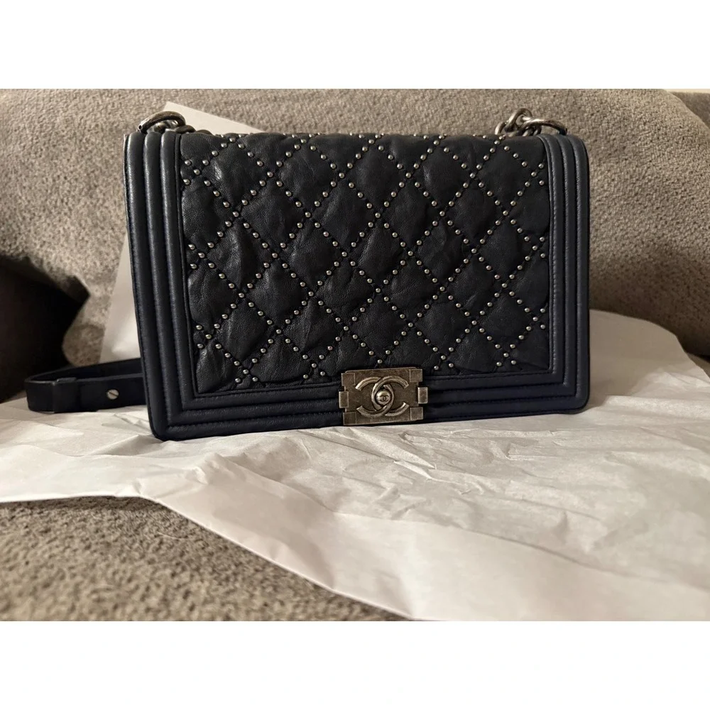 Chanel Studded Boy Flap Bag New Medium Dark Navy Aged Ruthenium Hardware COA